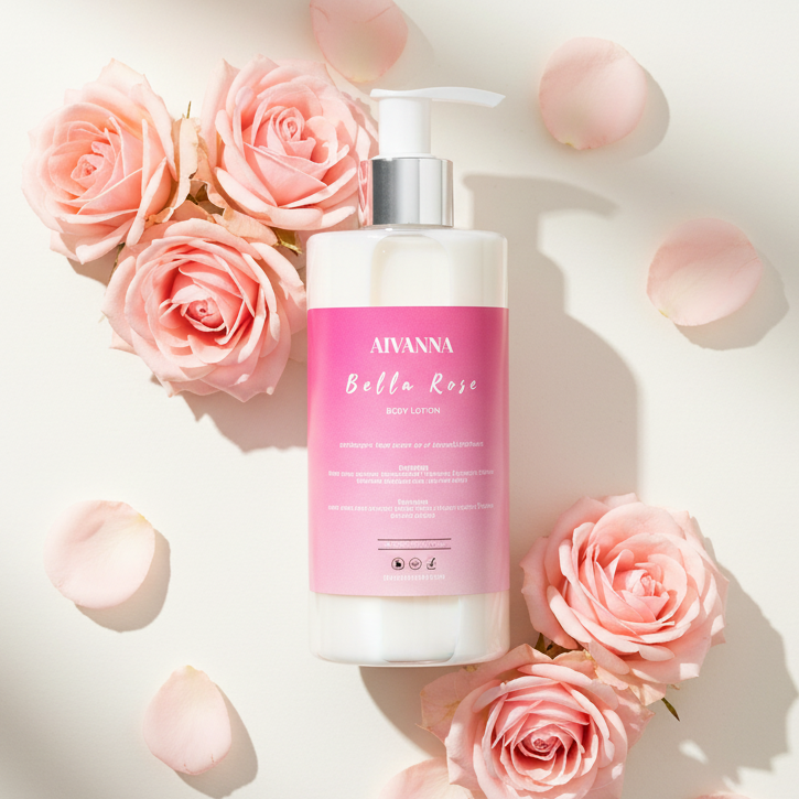 A bottle of Aivanna Bella Rose body lotion styled with pink roses and scattered petals on a white background with soft shadows.