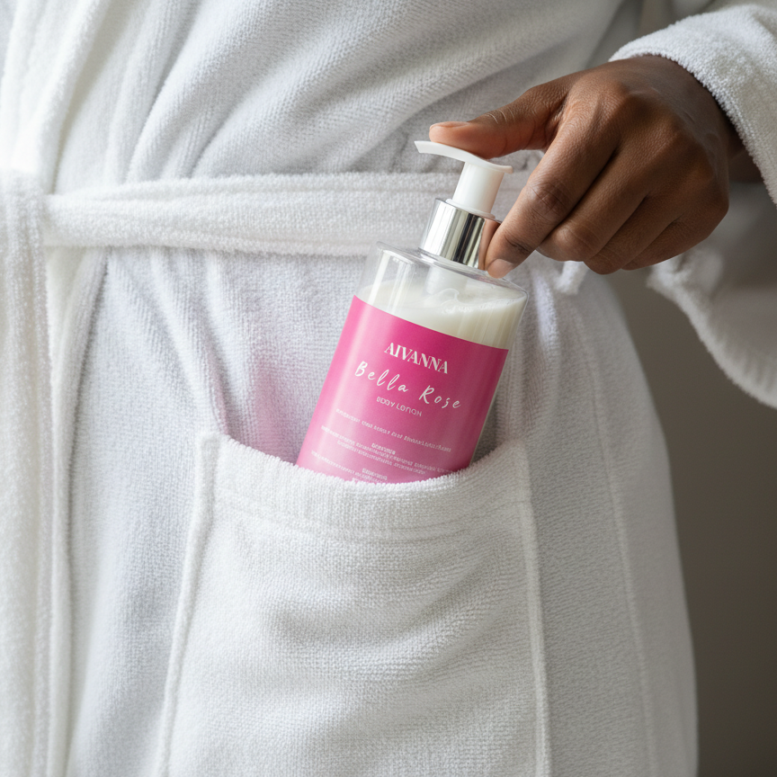 A person wearing a white bathrobe holds a pink pump bottle labeled ARIANNA Bella Rosa in the front pocket of the robe.